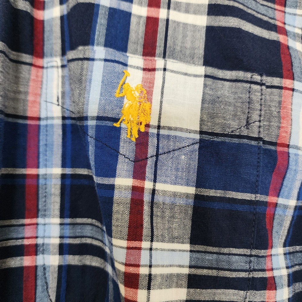U.S. Polo Assn Plaid Button Front Shirt Men's Large Blue Red Stretch Casual - Picture 4 of 8